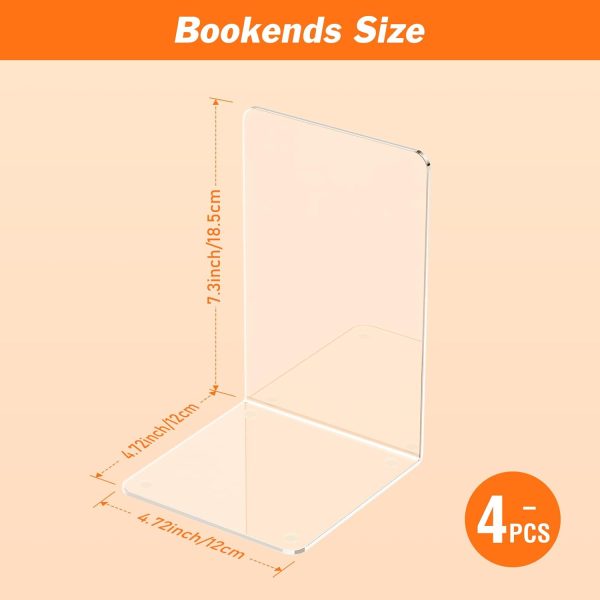 Acrylic Bookends 4 Pcs, Clear Book Ends for Shelves, Transparent Bookend Organizer, Book Holder Stand Decorative, Book Stoppers for Heavy Duty Books, CD, File, Video Games - Image 2