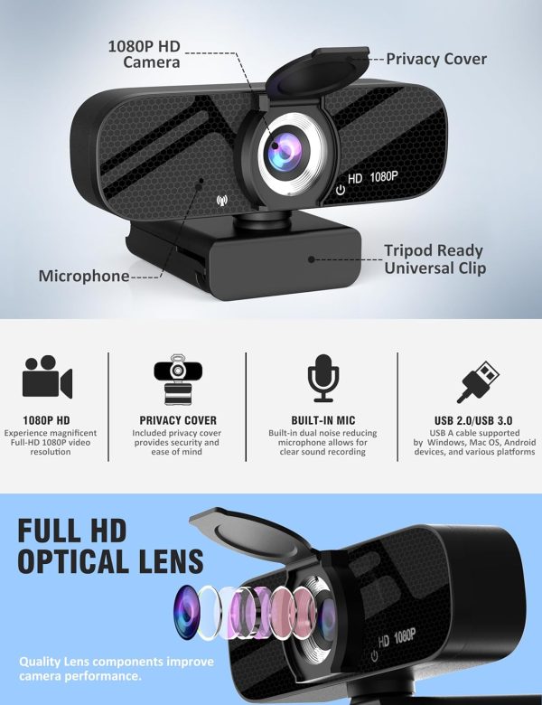 Full HD Webcam with Built-in Microphone and Rotatable Tripod, 1080P Video and Wide Angle Camera, Privacy Cover, for Desktop PC or Laptop Computer - Image 5
