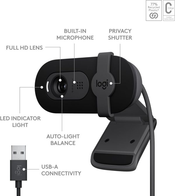 Logitech Brio 101 Full HD 1080p Webcam Made for Meetings and Works for Streaming — Auto-Light Balance, Built-in Mic, Privacy Shutter, USB-A, for Microsoft Teams, Google Meet, Zoom, and More - Black - Image 6