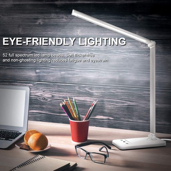 White crown LED Desk Lamp Dimmable Table Lamp Reading Lamp with USB Charging Port, 5 Lighting Modes, Sensitive Control, 30/60 Minutes Auto-Off Timer, Eye-Caring Office Lamp (Silver) - Image 2