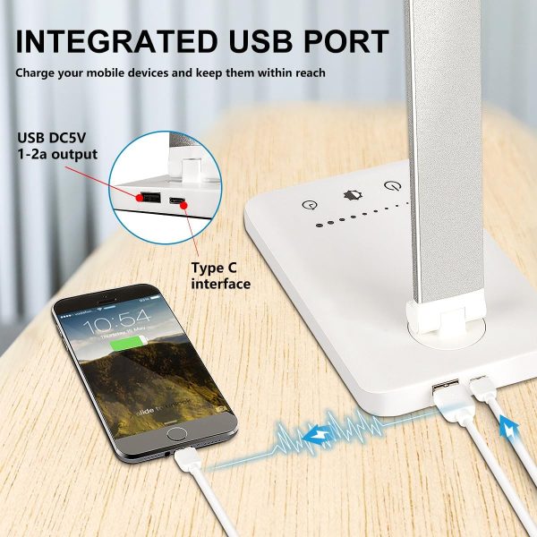 White crown LED Desk Lamp Dimmable Table Lamp Reading Lamp with USB Charging Port, 5 Lighting Modes, Sensitive Control, 30/60 Minutes Auto-Off Timer, Eye-Caring Office Lamp (Silver) - Image 5
