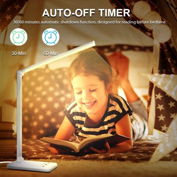 White crown LED Desk Lamp Dimmable Table Lamp Reading Lamp with USB Charging Port, 5 Lighting Modes, Sensitive Control, 30/60 Minutes Auto-Off Timer, Eye-Caring Office Lamp (Silver) - Image 6