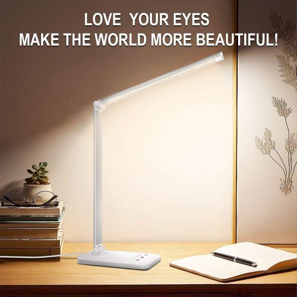 White crown LED Desk Lamp Dimmable Table Lamp Reading Lamp with USB Charging Port, 5 Lighting Modes, Sensitive Control, 30/60 Minutes Auto-Off Timer, Eye-Caring Office Lamp (Silver) - Image 7