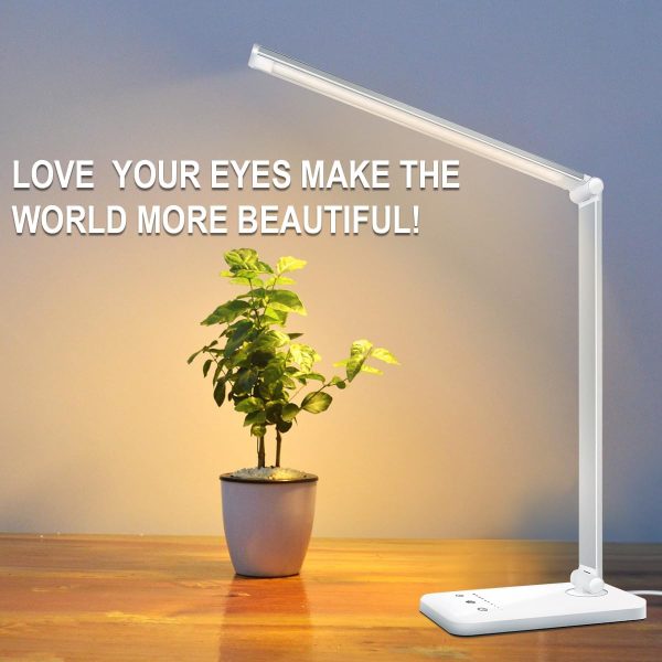 White crown LED Desk Lamp Dimmable Table Lamp Reading Lamp with USB Charging Port, 5 Lighting Modes, Sensitive Control, 30/60 Minutes Auto-Off Timer, Eye-Caring Office Lamp (Silver) - Image 8