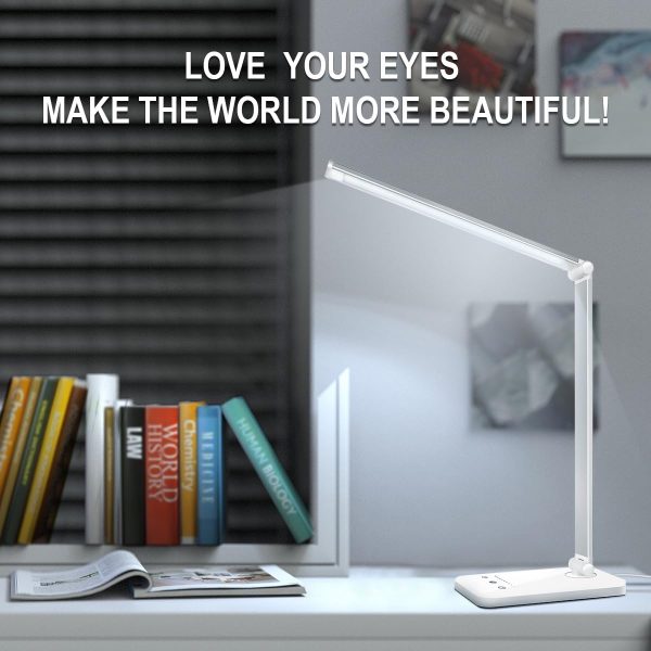 White crown LED Desk Lamp Dimmable Table Lamp Reading Lamp with USB Charging Port, 5 Lighting Modes, Sensitive Control, 30/60 Minutes Auto-Off Timer, Eye-Caring Office Lamp (Silver) - Image 9