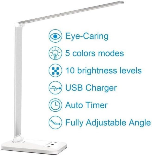 White crown LED Desk Lamp Dimmable Table Lamp Reading Lamp with USB Charging Port, 5 Lighting Modes, Sensitive Control, 30/60 Minutes Auto-Off Timer, Eye-Caring Office Lamp (Silver) - Image 10